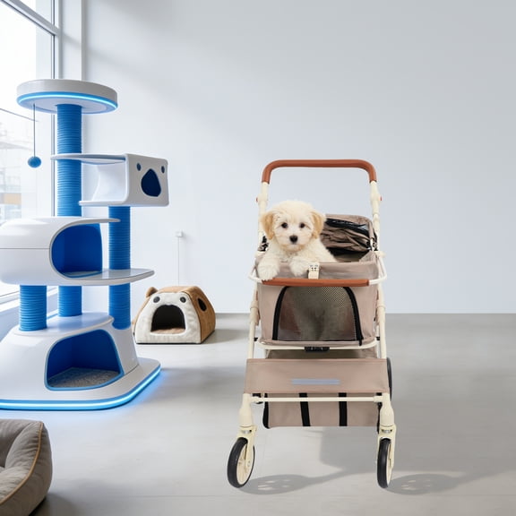 Pet Stroller with Removable Carrier, Foldable Pet Carrier, Double-tier Pet Cart for Small/Medium Dogs Cats
