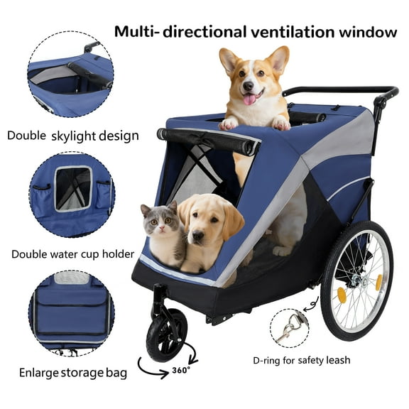 Pet Strollers 2-in-1 Bike Trailer & Push Cart for Pets - Detachable Bike Hitch & Push Handle Included - Quick Release Wheel, Internal Leash, Dual Cup Pockets and Underneath Storage Bag, Holds Pets U