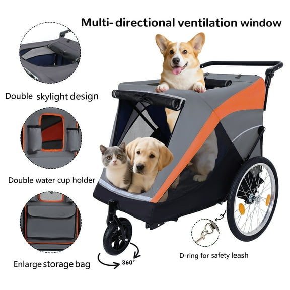 Pet Strollers 2-in-1 Bike Trailer & Push Cart for Pets - Detachable Bike Hitch & Push Handle Included - Quick Release Wheel, Internal Leash, Dual Cup Pockets and Underneath Storage Bag, Holds Pets U