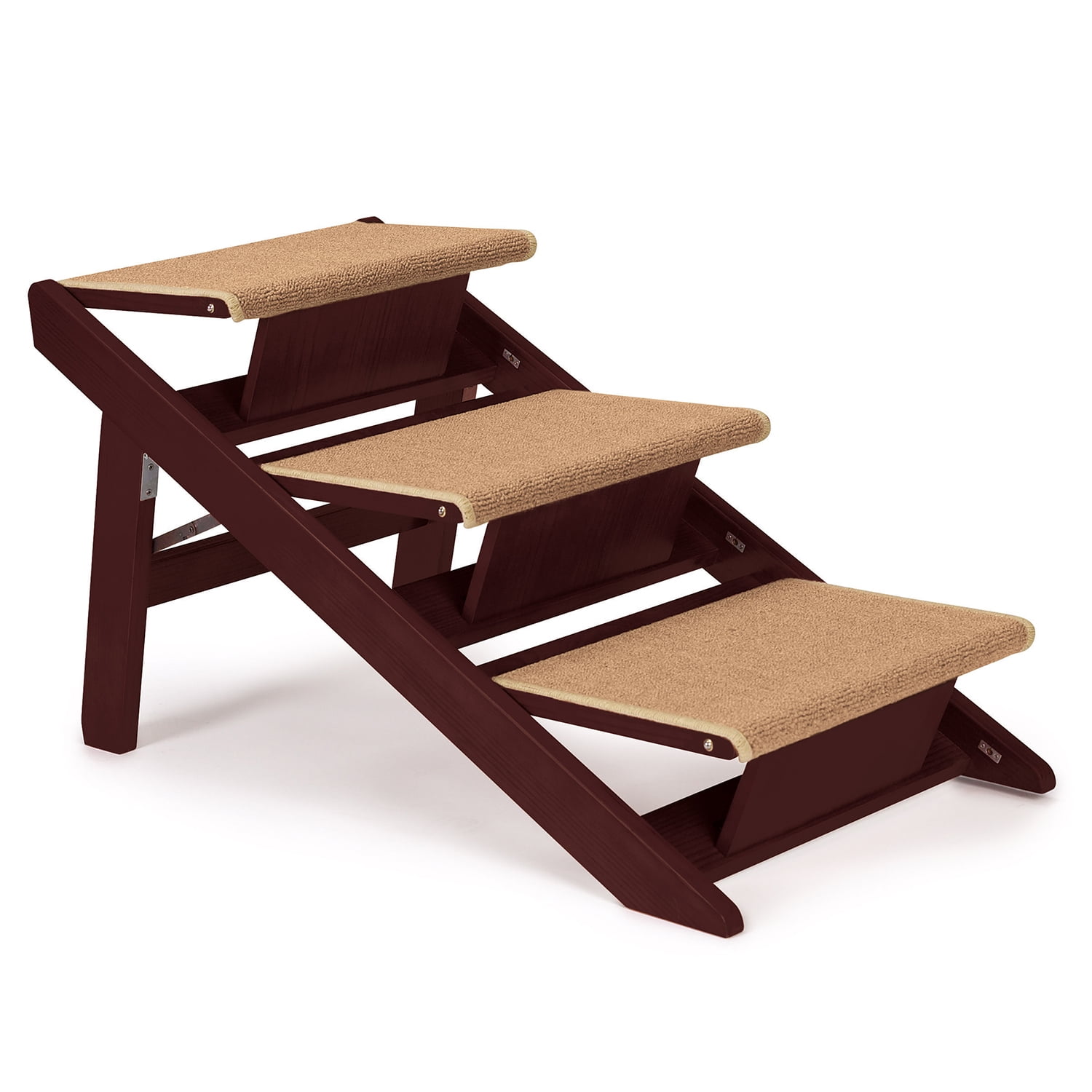 Mahogany Pine 3-Step Dog Ramp with Beige Carpet