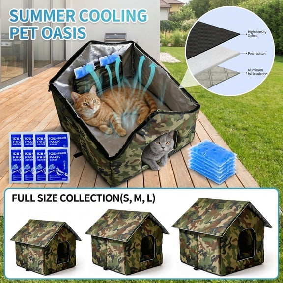 Pet Summer Cooling House, Insulated Outdoor Cat House, Outdoor Cat Shelter, Portable House, Camouflage L Size Washable Foldable Indoor Outdoor Cat Hut with Entrance Curtain, 8