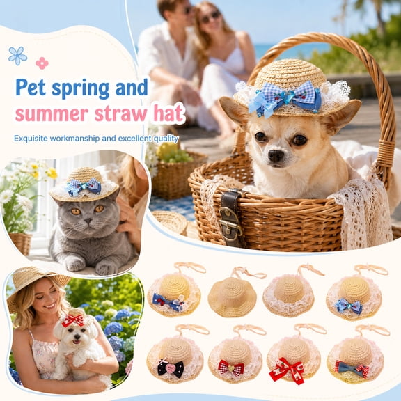 Pet Sun Hat, Dog Hats for Small Dogs, Summer Sun Protection, Wide Brim, 5 Inch Lightweight Straw Hat with Ruffled Lace Trim, Silky Ribbon Chin Strap for Small Breed Outdoor Use