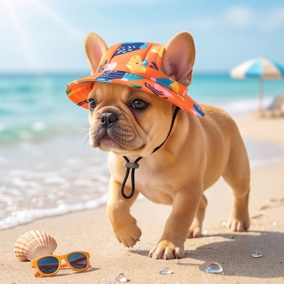 Pet Sun Hat with Ear Holes Adjustable Chin Strap Breathable Outdoor Headwear for Cats and Small Dogs Summer Travel 16.5 Inch