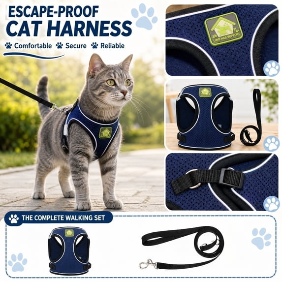 Pet Supplies, Escape-Proof Vest Style Cat Harness and Leash, Cat Walking Harness and Leash, Adjustable Breathable Mesh Cat Harness, Navy Padded No-Pull Vest Harness with Leash Set