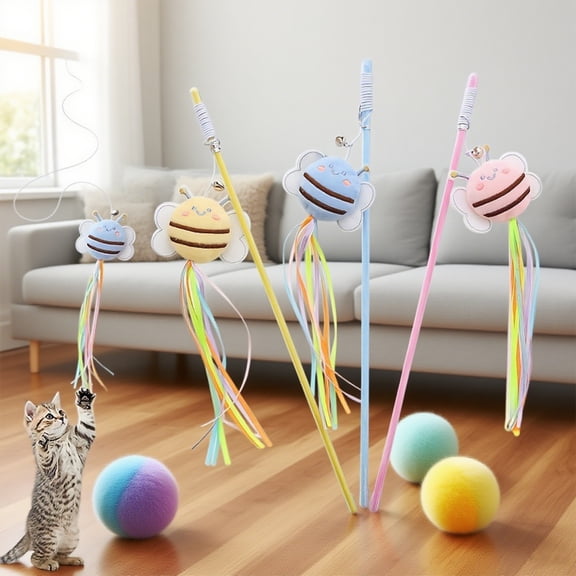 Pet Supplies Plush Bee Shaped Cat Toy, Colorful Tassels & Bells Interactive Cat Wand For Kitten Exercise And Bonding, Sturdy Wand & Soft Plush Design Cat Stick For Playful Cats