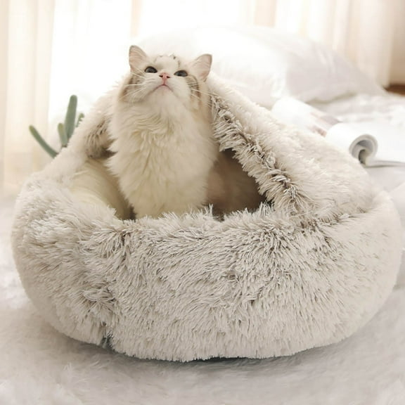 Pet Supplies Round Cat Bed Nest Soft Fluffy Plush Burrowing Cave Hooded Cat/Small Dog Bed Pet Tent Sleeping Bed Winter Warm Anti-slip Machine Washed Premium Bed 40cm