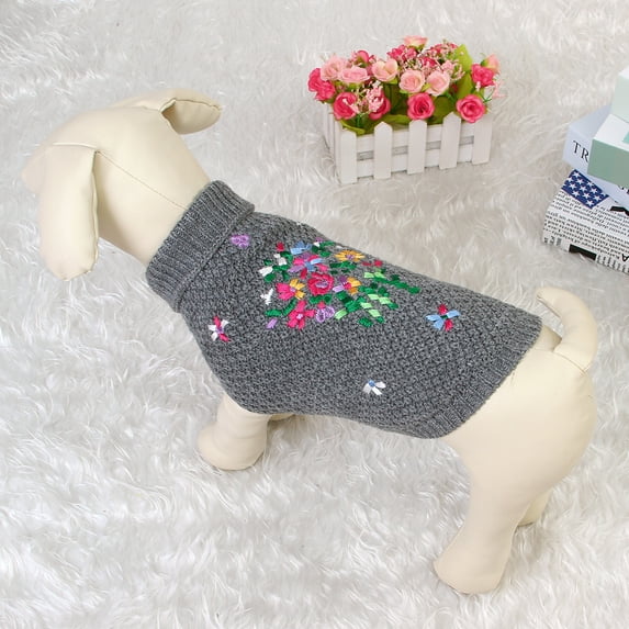 Pet Sweater Knitted Bulldog Chihuahua Clothing Cute Winter Autumn Warm Soft Dog Cat Crochet Waistcoat Fashion Embroidered Flower