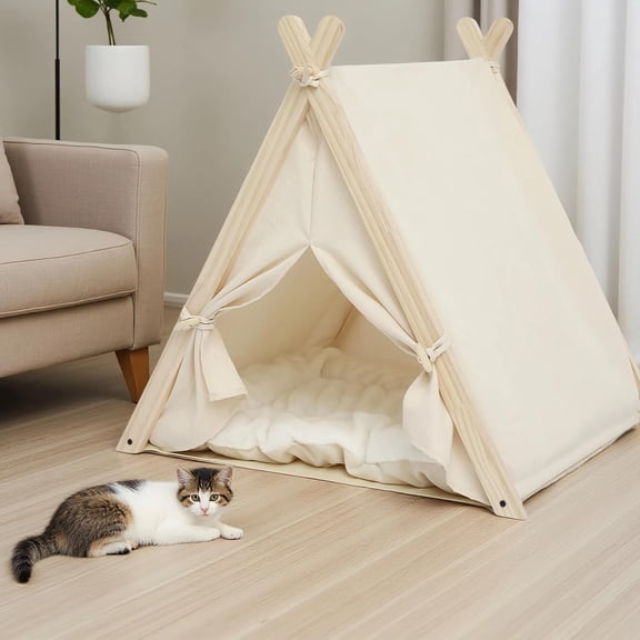Pet Teepee with Thick Cushion, Cat Tents for Small Dogs Puppy and Cats,Portable Houses Indoor Cushion,Puppies Play House Removable Washable,Beige