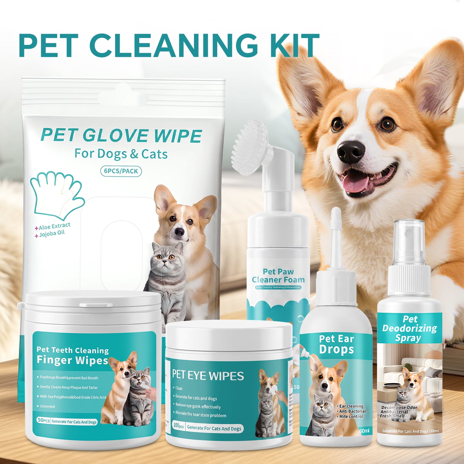 Pet Teeth Cleaning Finger Wipes, Eye Wipes, Paw Cleaner Foam, Ear Drops, Deodorizing Spray, Pet Glove Wipes Kit for Dogs & Cats