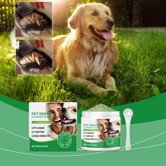 Pet Teeth Cleaning Powder for Dogs and Cats, Tartar and Calculus Reduction with Oral Cleaning and Bad Breath Removal, 80g Container for Daily Dental Care