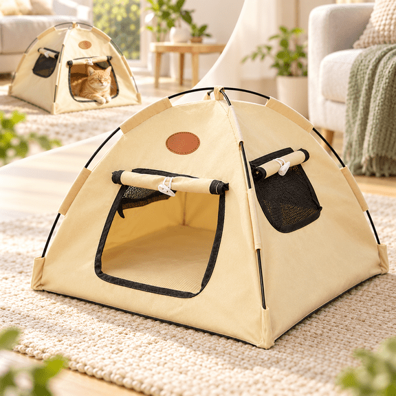 Portable Pet Tent Bed for Cats and Small Dogs, Foldable Cozy Hideaway Shelter with Breathable Mesh, Washable Indoor Outdoor Travel House, Beige