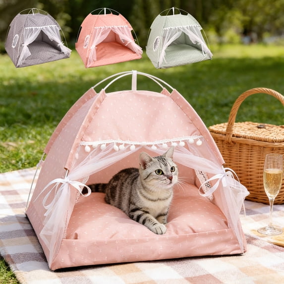 Pet Tent for Cats & Small Dogs with Removable Cushion, Breathable Mesh & Portable Foldable Design, Suitable for Indoor Outdoor, 12.5x12.5x14.1in by MPOISVA