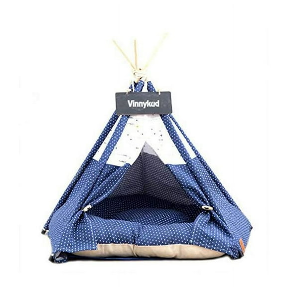 Pet Tent House Cat Bed Portable Teepee With Thick Cushion And 6 Colors Available For Dog Puppy Excursion Outdoor Indoor 40cm navy blue polka dot