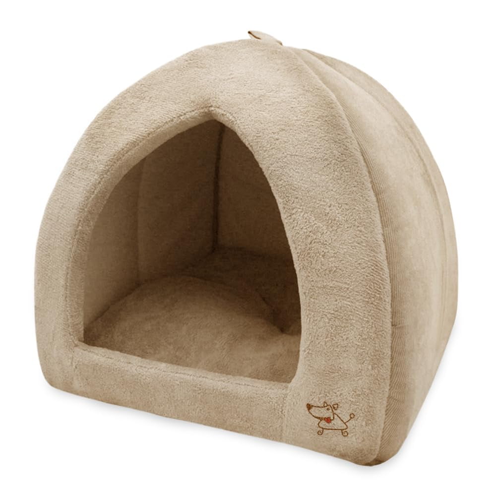 Small Tan Faux Suede Pet Tent Bed with Removable Cushion