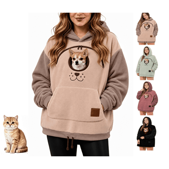 Pet Tote Carrier Hoodie, Lightweight Fleece Loose Pullover, Long Sleeve Sweatshirt with Expandable Built-in Pet Pocket, Daily Casual Shirt for Small Companion Animals