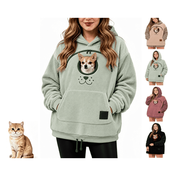 Pet Tote Carrier Hoodie, Lightweight Fleece Loose Pullover, Long Sleeve Sweatshirt with Expandable Built-in Pet Pocket, Daily Casual Shirt for Small Companion Animals