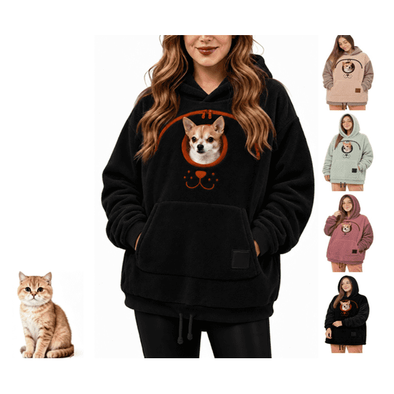 Pet Tote Carrier Hoodie, Lightweight Fleece Loose Pullover, Long Sleeve Sweatshirt with Expandable Built-in Pet Pocket, Daily Casual Shirt for Small Companion Animals