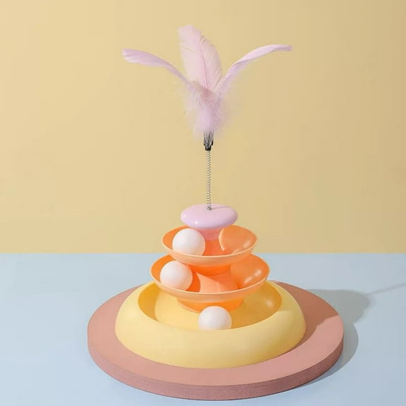 Pet Toys Cat Roller Track Toy for Indoor Cats with Feathers 3-Layer Turntable Interactive Playing Game