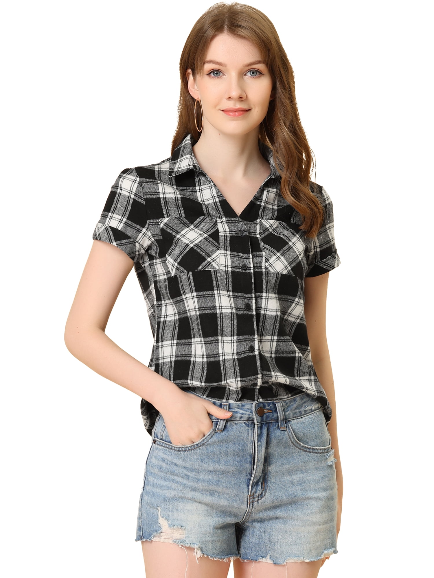 DARING DIVA Women's Casual Boyfriend Plaid Button Down Flannel Shirt S Black