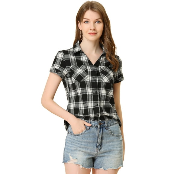 DARING DIVA Women's Casual Boyfriend Plaid Button Down Flannel Shirt S Black