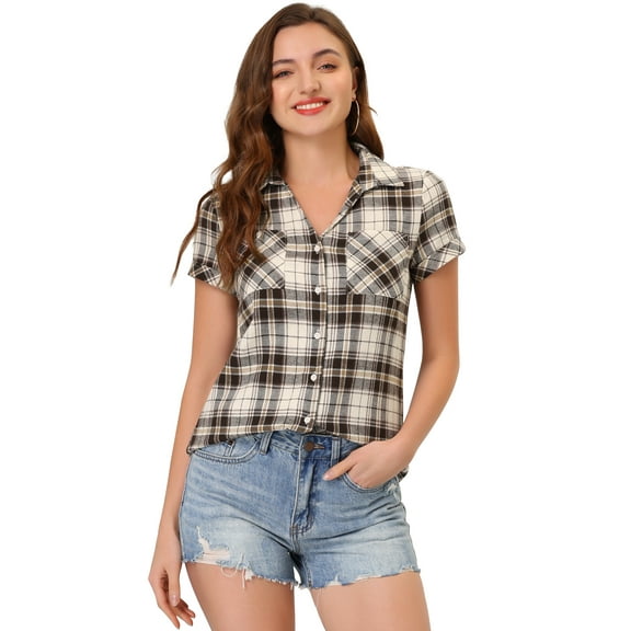 DARING DIVA Women's Casual Boyfriend Plaid Button Down Flannel Shirt L Brown Beige