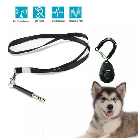 Pet Training Clicker, Whistle -Training Behaviour Aids Accessories for Puppies with Lanyard - Barking Control Device - Long Range Adjustable Frequency - Pack of 2 - Black