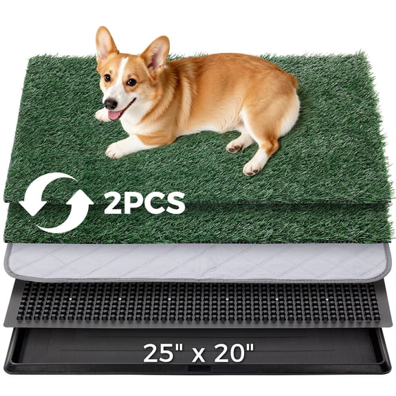 DOMIPET Dog Grass Pad with Tray, 25"x20", 2 Reusable Artificial Turf for Dogs Potty, Quickly Absorbency Portable Dog Litter Box Bathroom Turf for Pet Training, Waterproof Non-Slip Washable Puppy Pee