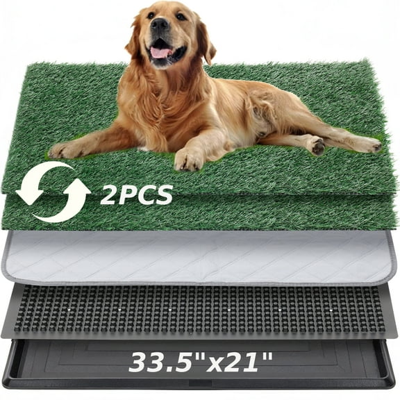 DOMIPET Dog Grass Pad with Tray, 33.5"x21", 2 Reusable Artificial Turf for Dogs Potty, Quickly Absorbency Portable Dog Litter Box Bathroom Turf for Pet Training, Waterproof Non-Slip Washable Puppy Pe
