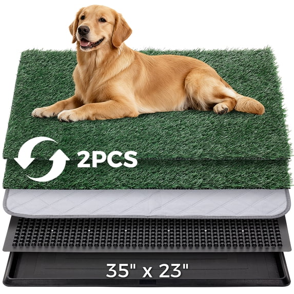 DOMIPET Dog Grass Pad with Tray, 35"x23", 2 Reusable Artificial Turf for Dogs Potty, Quickly Absorbency Portable Dog Litter Box Bathroom Turf for Pet Training, Waterproof Non-Slip Washable Puppy Pe