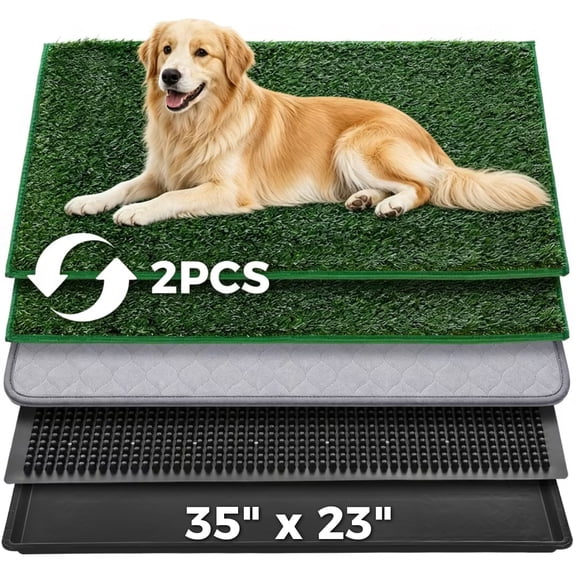 DOMIPET Dog Grass Pad with Tray, 35"x23", 2 Reusable Artificial Turf for Dogs Potty, Quickly Absorbency Portable Dog Litter Box Bathroom Turf for Pet Training, Waterproof Non-Slip Washable Puppy Pe