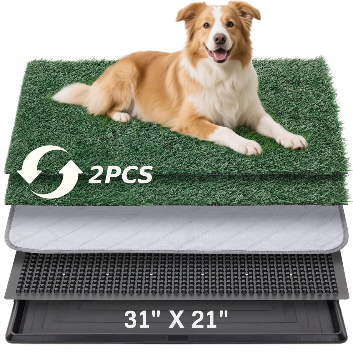 DOMIPET 5-Layer Dog Grass Pad with Tray, 31"x21", 2 Reusable Artificial Turf for Dogs Potty, Quickly Absorbency Portable Dog Litter Box Bathroom Turf, Waterproof Non-Slip Washable Puppy Pee