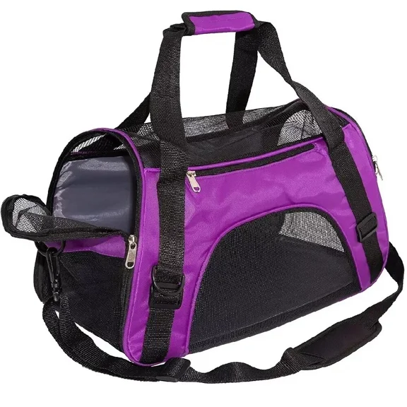 Pet Travel Carrier Portable Bag for Cats, Dogs, Kittens or Puppies, Collapsible, Durable, Airline Approved, Travel Friendly, Large Size, 21"L x 10"W x16"H, Purple