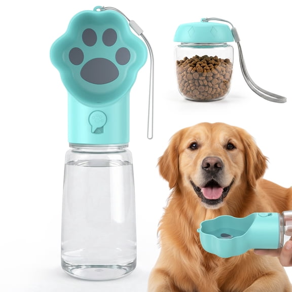 Hutact Dog Water Bottle with Food Container, 18.6oz Pet Dispenser Cup, Detachable 5.7oz Food Container, Portable Leak-Proof Water Bottle with Lock, Blue