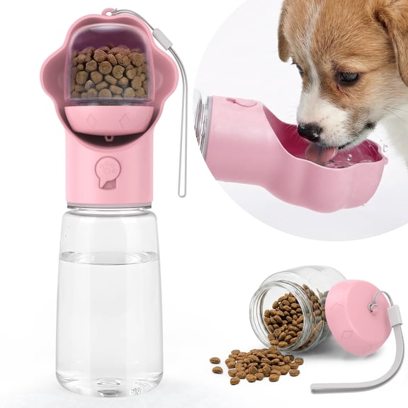 Hutact Dog Water Bottle with Food Container, 18.6oz Pet Dispenser Cup, Detachable 5.7oz Food Container, Portable Leak-Proof Water Bottle with Lock, Pink