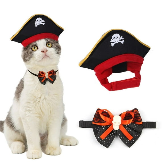 KEPZEAL Pet Tricorne Hat Bow-tie Neck Collar 2Pcs/Set for Small Dogs Cats Halloween Pirate Cosplay
