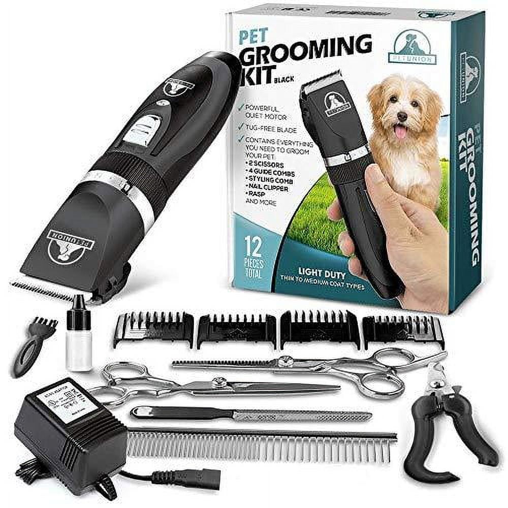 Pet Union Professional Dog Grooming Kit - Rechargeable, Cordless Pet Grooming Clippers & Complete Set of Dog Grooming Tools. Low Noise & Suitable for Dogs, Cats and Other Pets (Bla