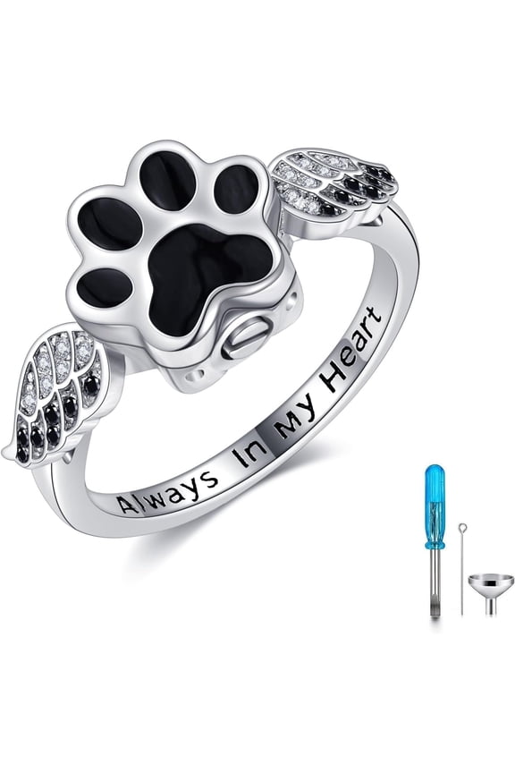 Pet Urn Ring for Ashes 925 Sterling Silver Dog Angel Wings Memorial Keepsake Cremation Jewelry Gifts for Dog Lovers Women(8)