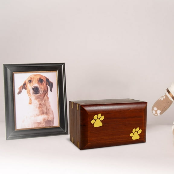 Pet Urn for Dog Ashes Small Wooden Cremation Urn for Dog and Cat Ashes Box Mahogany Funeral Keepsake for Pet Memorial Brass Paw Inlaid