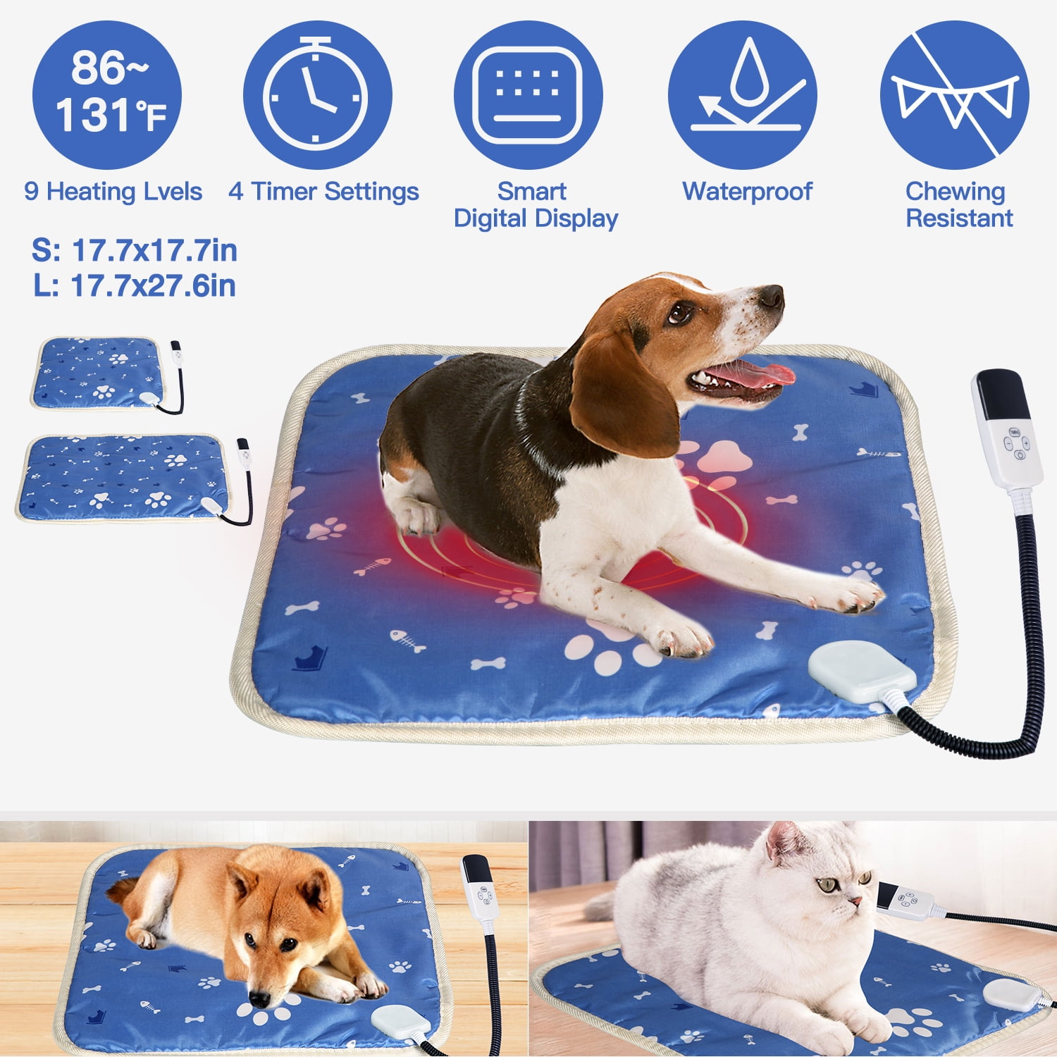 Electric Dog Cat Heating Mat iMounTEK 9 Heating Levels Pet Adjustable  Warming Blanket with 4 Timer Indoor Waterproof Pet Heated Mat with Chew