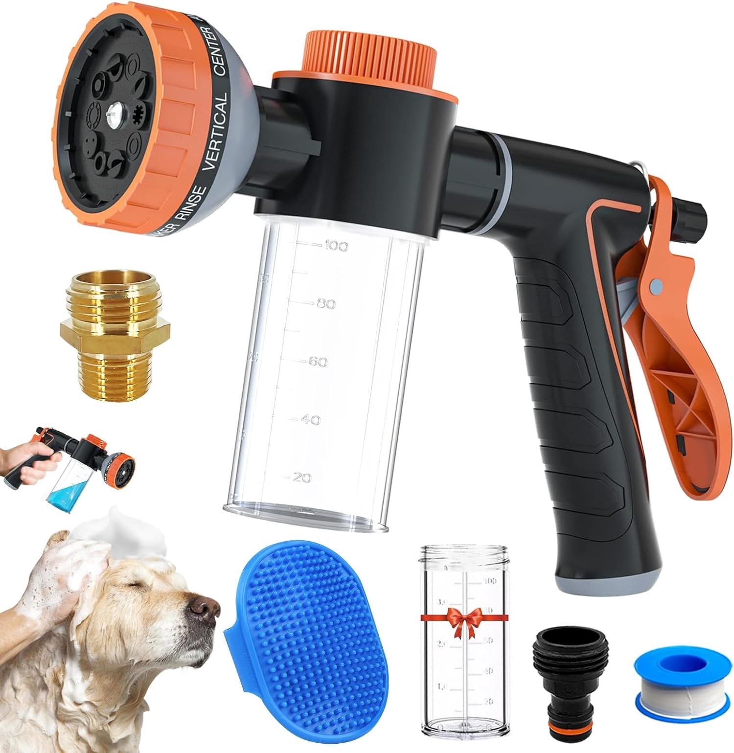 Pet  Wash Sprayer Shampoo & Soap Dispenser, Hose Nozzle for Indoor/Outdoor Use with 3/4' GHT Male x 1/2' NPT Male Connector,  Wash Hose Attachment for Pet Bathing, Watering,  Washing