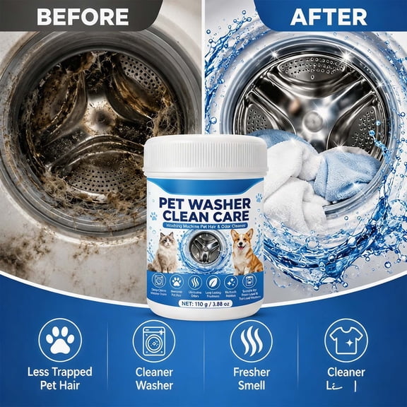 Pet Washer Cleaner Powder 110g, Deep Clean Washing Machine Deodorizer for Pet Hair and Dander, Odor Eliminator for Pet Bedding, Pet-Safe Laundry Appliance Cleaner for Front and Top Load Washers
