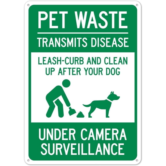 Pet Waste Leash Curb and Clean Up After Your Dog Under Camera Surveillance Metal Tin Sign 8x12 Inch Caution Plaque Signage Marker Park Neighborhood Community Home Business Outdoor Indoor Wall Decor