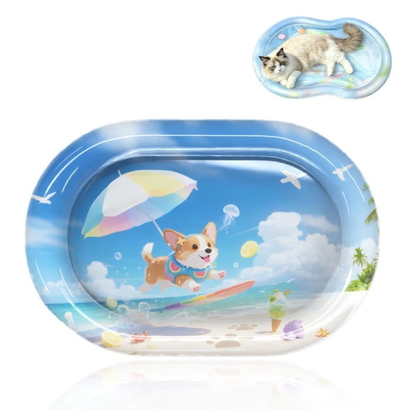 Pet Water Bed Extra Large Floating Water Mat for Dogs, Cooling Pet Bed with Surfing Corgi Design, PVC Pool Float for Summer, Up to 25 kg, Includes Pump