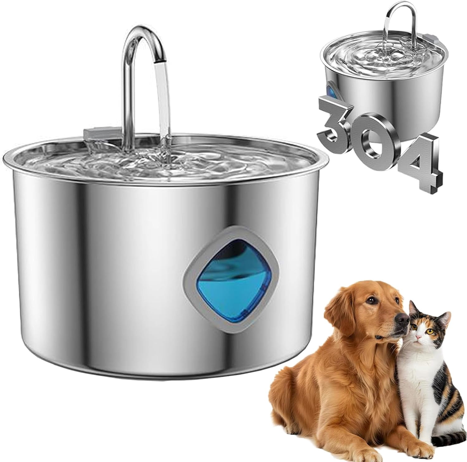 Pet Water Fountain for Dogs Inside,3.2L/108oz Cat Fountains for Drinking,Quiet Stainless Steel Dog Fountain Water Bowl,Visual Water Level,Triple Filtration for Large Medium Small Breed Dogs
