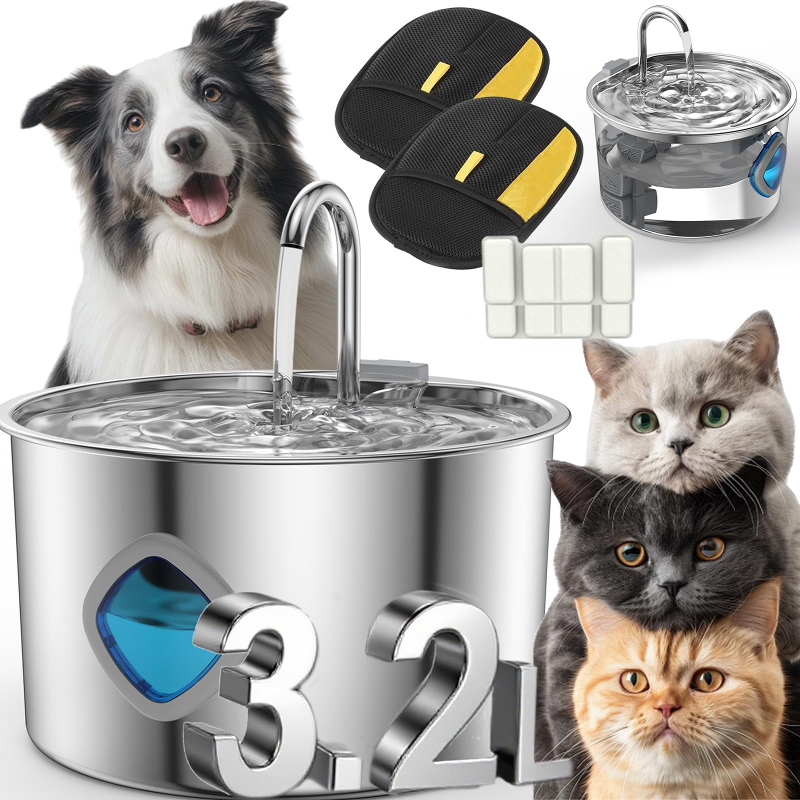 Pet Water Fountain Stainless Steel – Automatic Cat Dog Water Dispenser with 4-Level Filtration, LED Window & Ultra-Quiet Pump