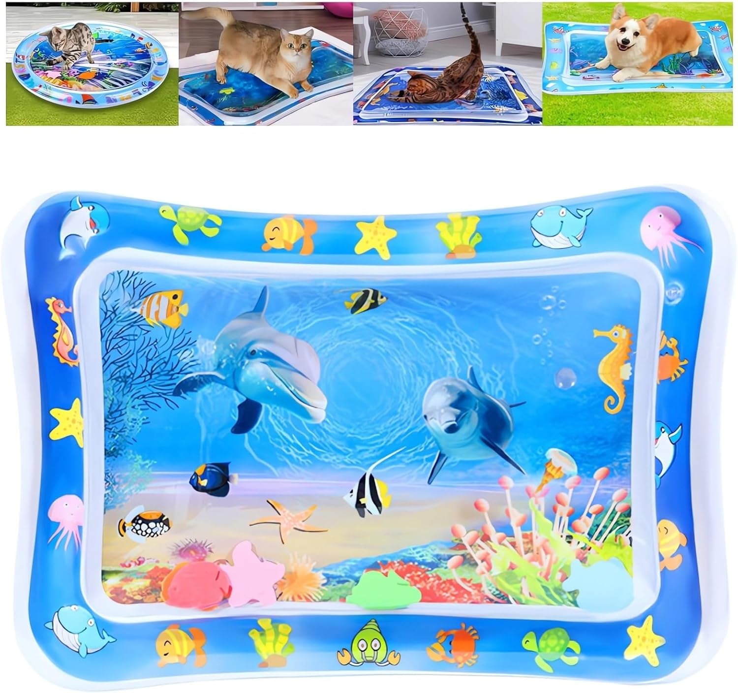 Pet Water Sensory Mat - 2024 New Cat Water Play Mat Indoor Interactive, Baby Tummy Time Water Play Mat, Inflatable Water Squishy Pad Playmat Pool Activity Toy Cat Splash Play Cooling Mat with Fish