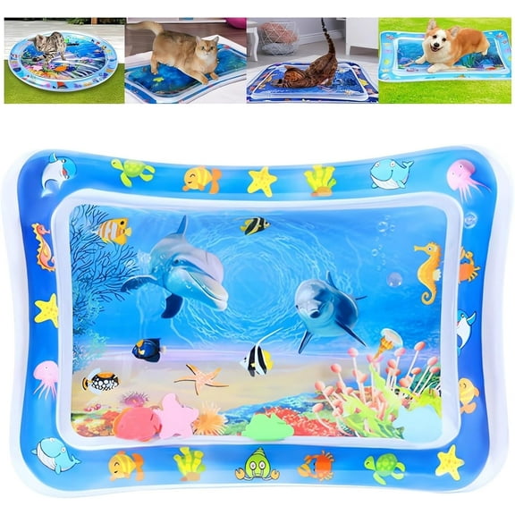 Pet Water Sensory Mat - 2024 New Cat Water Play Mat Indoor Interactive, Baby Tummy Time Water Play Mat, Inflatable Water Squishy Pad Playmat Pool Activity Toy Cat Splash Play Cooling Mat with Fish
