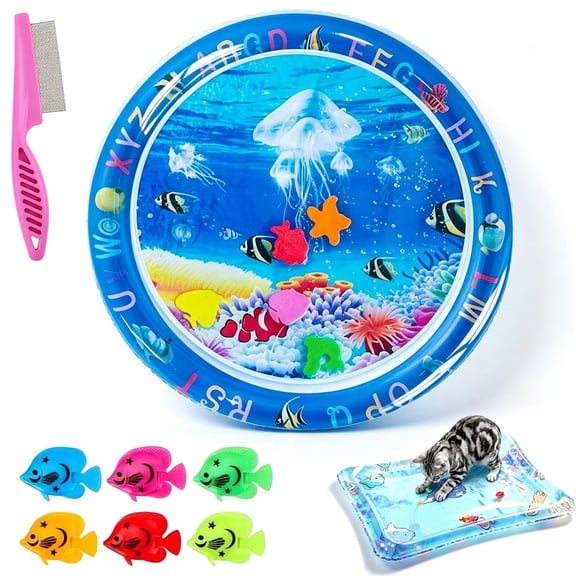 Pet Water Sensory Mat for Cats, Anti-Scratch Leak Proof Water Sensory Play Mat with Floating Fish, Thickened Cat Water Bed Toy for Exercise & Hunting, Tummy Time for Kittens and Dogs