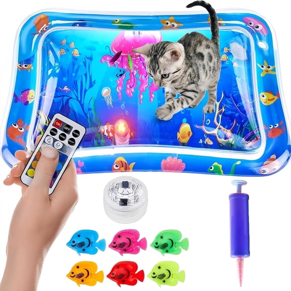 Pet Water Sensory Mat - Interactive Cat Water Mat with Floating Fish, Glow Pad for Cats, Cat Water Mat with Fish, Thickened Water Sensor Play Mat, with Motion-Triggered Light Effects