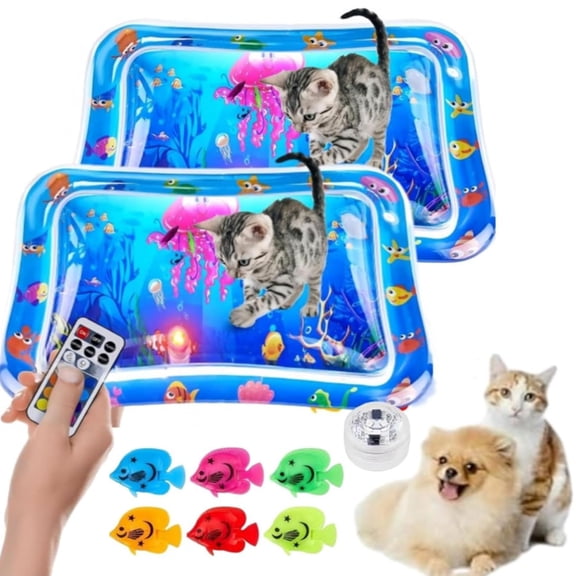 Pet Water Sensory Mat, LED Aqua Play Pad for Cats and Small Dogs, Washable Portable Cooling Bed with Floating Fish, Thickened Leakproof PVC Interactive Toy for Indoor Outdoor Use (1pcs)